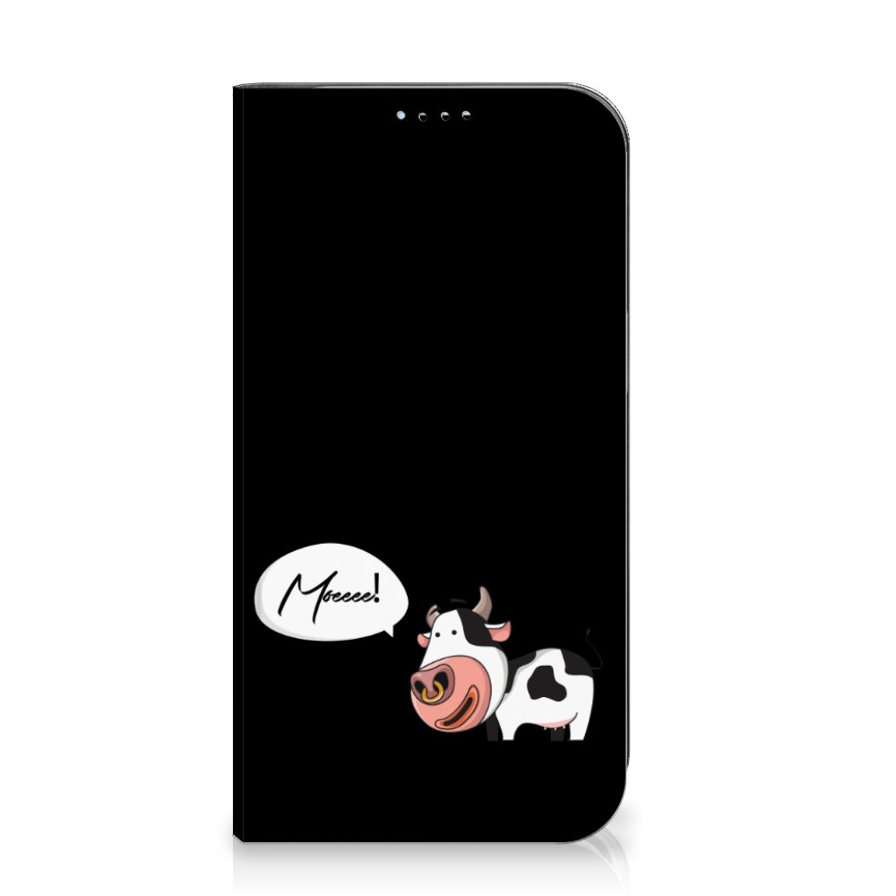 iPhone 15 Magnet Case Cow met schattig koe ontwerp en tekst 'Moo!' op zwart achtergrond.
