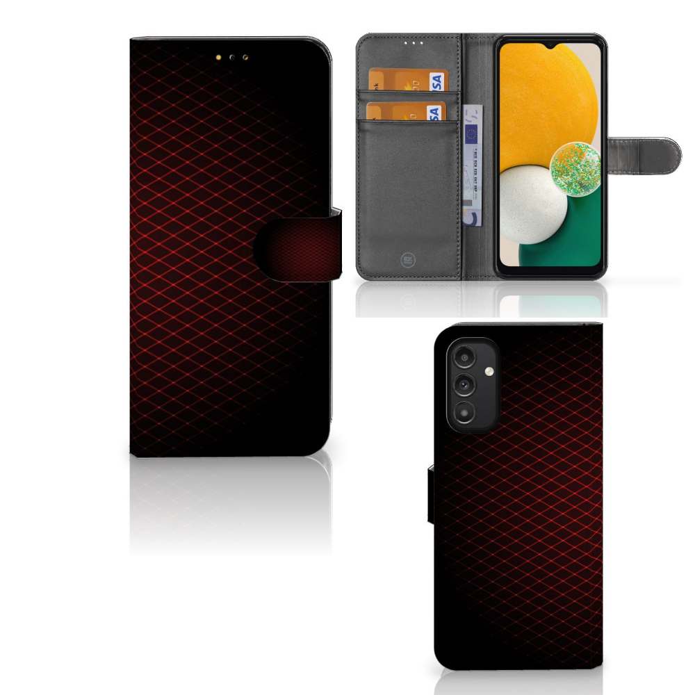 Samsung Galaxy A14 5G Telefoon Hoesje Geruit Rood met ruimte voor 3 pasjes en uniek minimalistisch design.