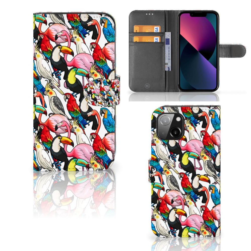 Apple iPhone 13 Telefoonhoesje met Pasjes Birds met kleurrijke vogels zoals flamingo's en toekans.