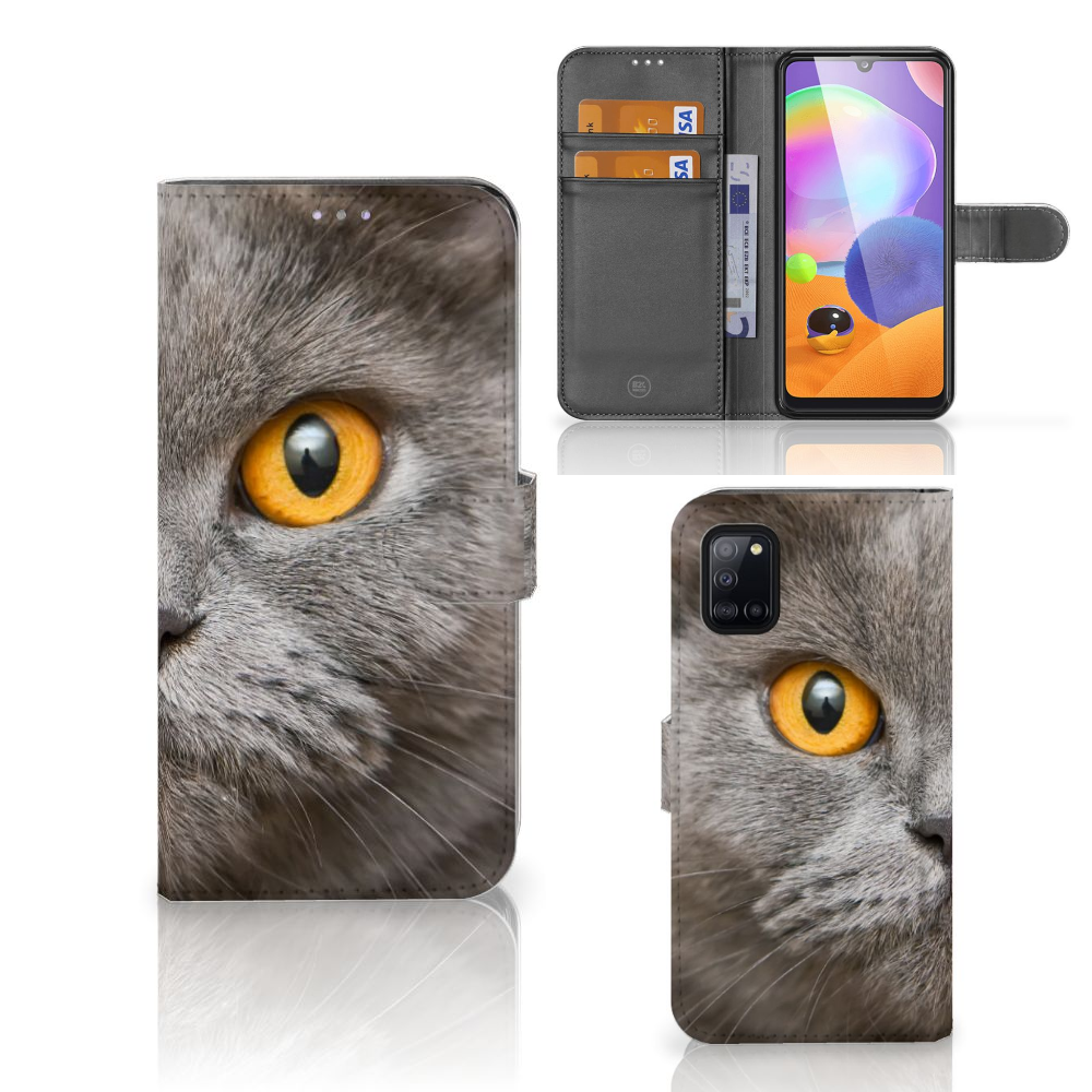 Telefoonhoesje met Pasjes Samsung Galaxy A31 Britse Korthaar met opvallende kattenprint en pasjeshouder.