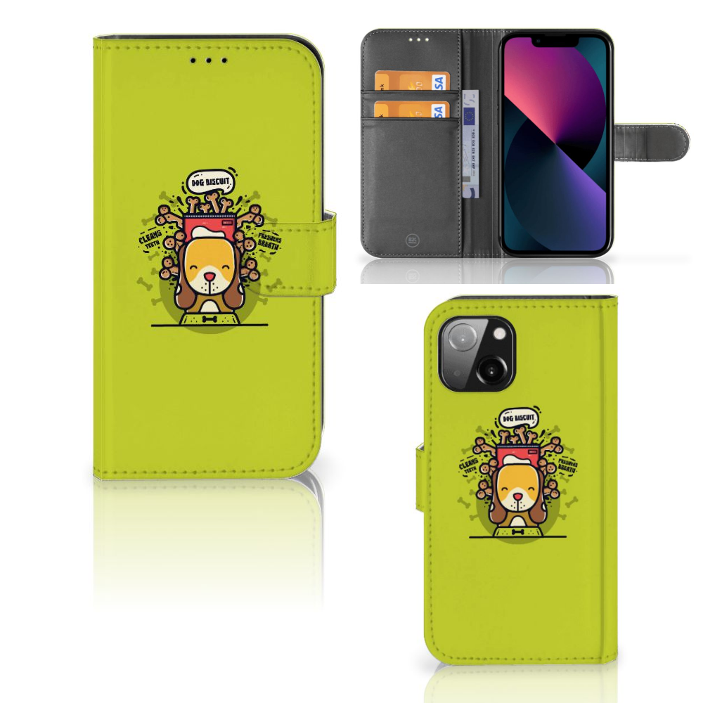 Apple iPhone 13 Leuk Hoesje Doggy Biscuit met cartoonachtige hond en heldere kleur, perfect voor jouw telefoon.
