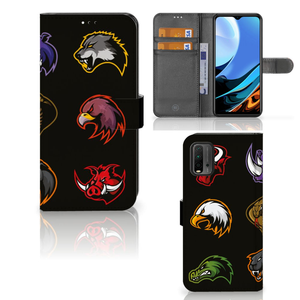 Xiaomi Redmi 9T | Poco M3 Leuk Hoesje Cartoon met verschillende dierenlogo's op een zwart achtergrond.