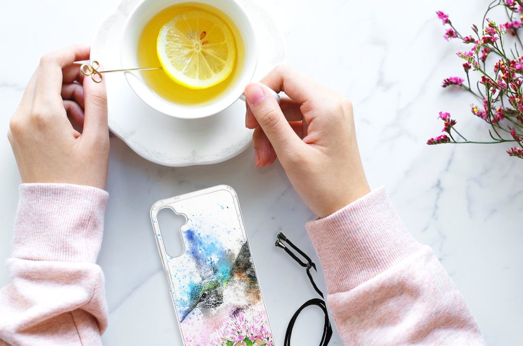 Back Cover Samsung Galaxy A14 5G Vogel met persoon die thee drinkt en bloemen op tafel