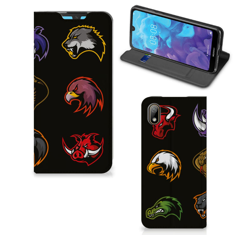 Huawei Y5 (2019) Magnet Case Cartoon featuring colorful animal head designs on a black background.