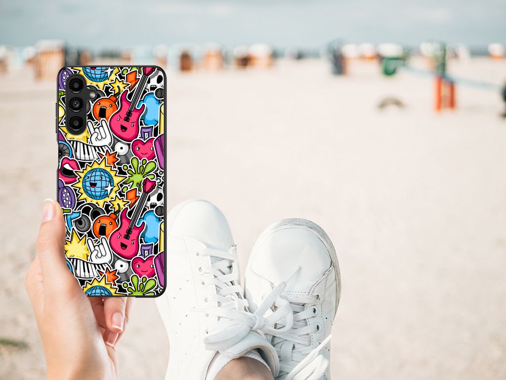 Samsung Galaxy A14 5G GSM Cover Punk Rock design with colorful guitars held by a person on the beach.
