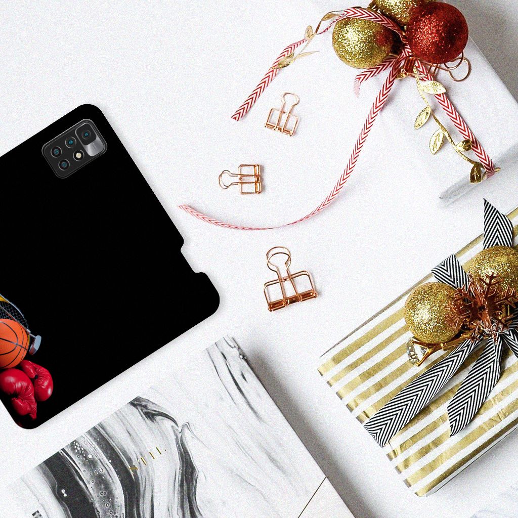 Xiaomi Redmi 10 Hippe Standcase Sports with basketball design on a festive table with gifts and decorations.