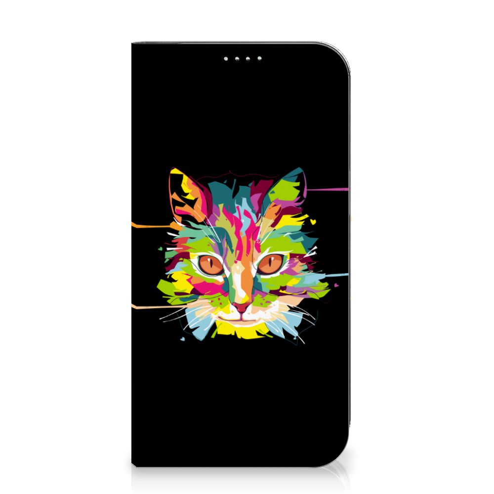 iPhone 15 Plus Magnet Case Cat Color - kleurrijk kattenontwerp op zwart telefoonhoesje 🐱