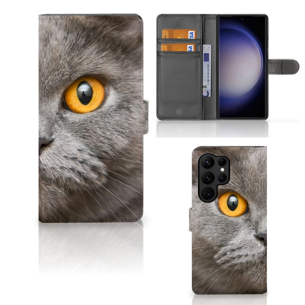 Telefoonhoesje met Pasjes Samsung Galaxy S23 Ultra Britse Korthaar met afbeelding van een Britse Korthaar kat.