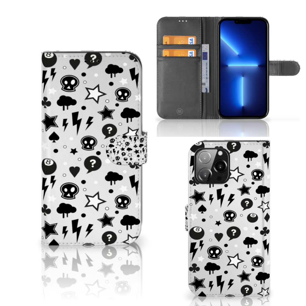 Telefoonhoesje met Naam iPhone 13 Pro Max Silver Punk met bliksem, sterren en schedels