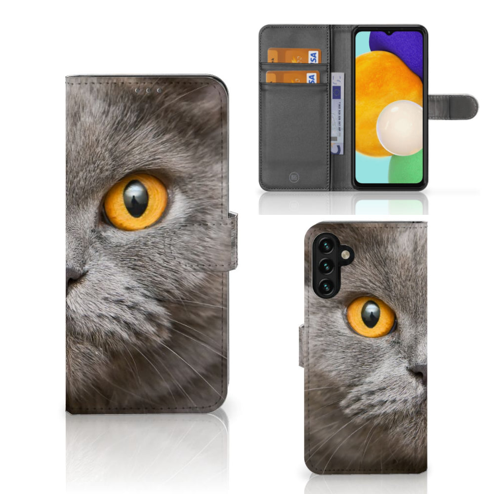 Telefoonhoesje met Pasjes Samsung Galaxy A04s | Samsung Galaxy A13 5G Britse Korthaar met afbeelding van een grijze kat
