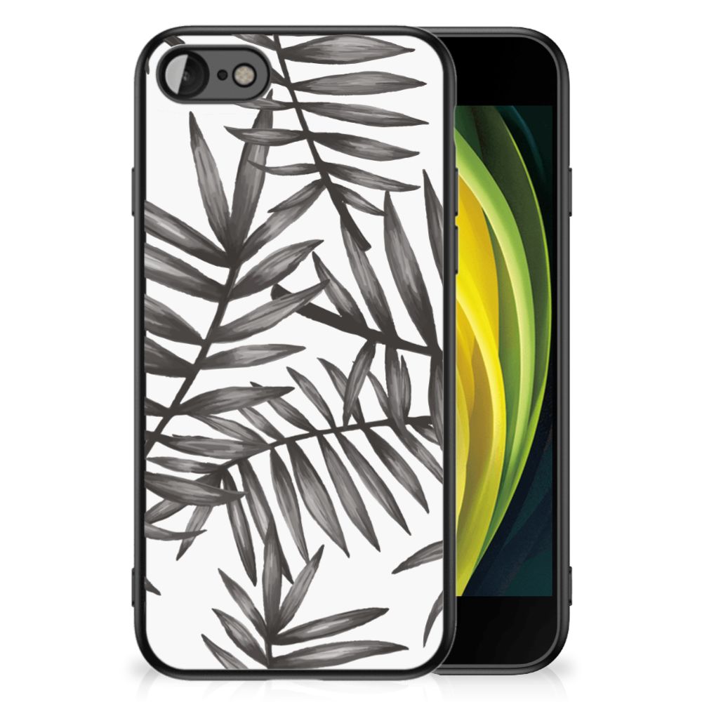iPhone SE 2022 | SE 2020 | 7/8 Bloemen Hoesje Leaves Grey met een elegante bladerenprint op zwart-wit achtergrond.