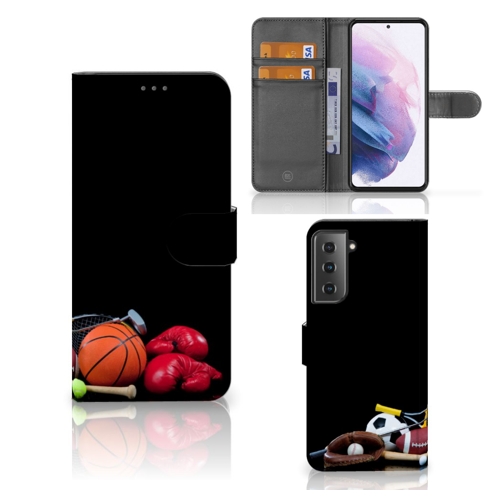 Samsung Galaxy S21 Plus Wallet Case met Pasjes Sports met sport afbeeldingen en opbergvakken voor pasjes.