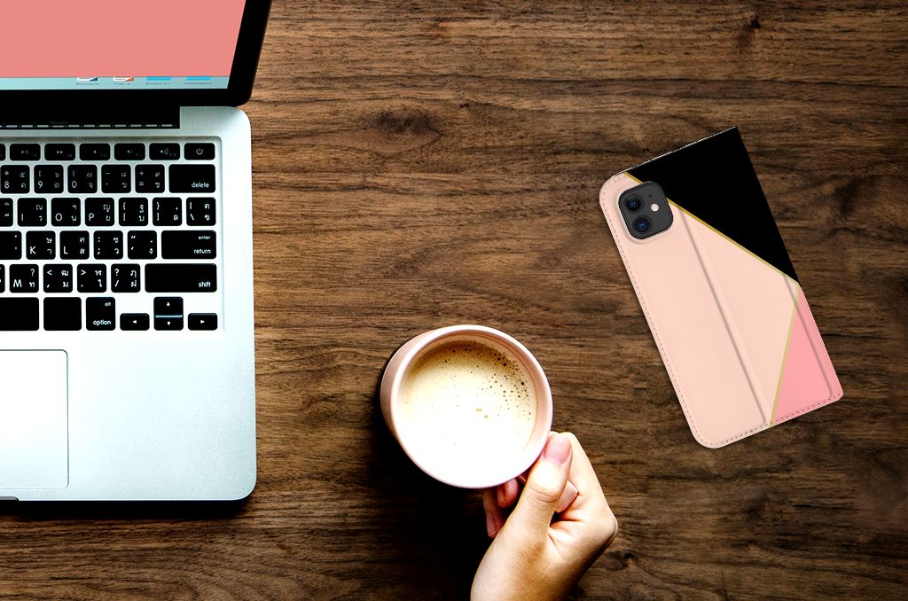 Apple iPhone 11 Stand Case Zwart Roze Vormen