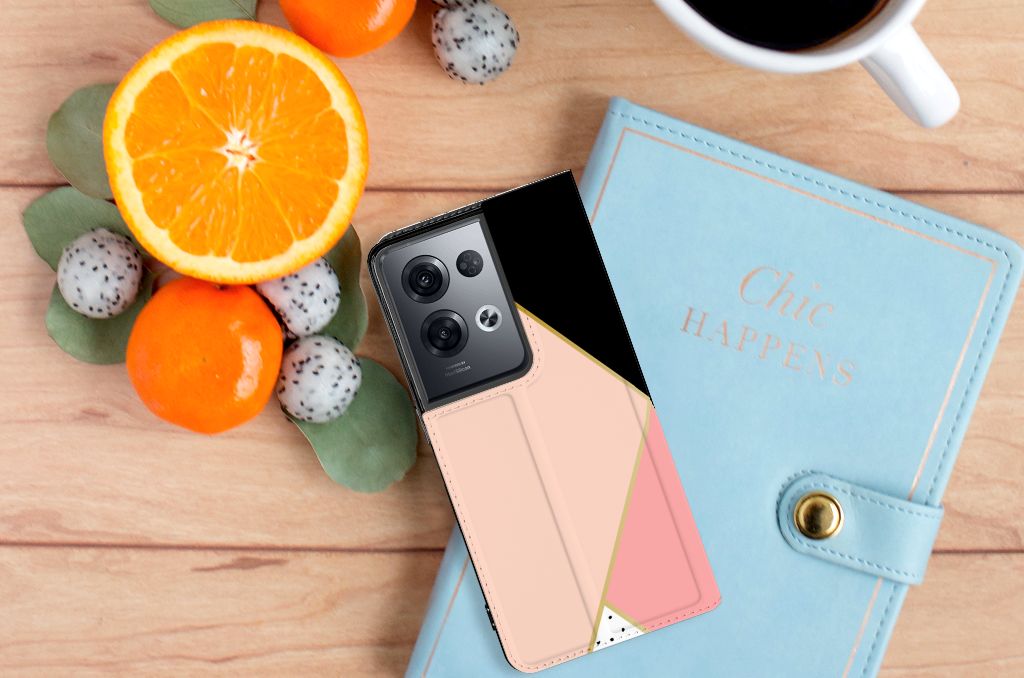 OPPO Reno8 Pro Stand Case Zwart Roze Vormen - B2C Telecom