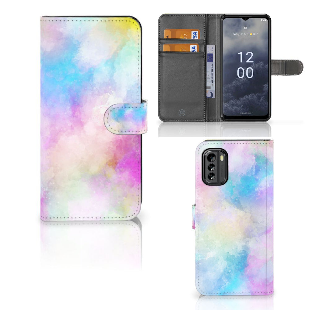 Hoesje Nokia G60 Watercolor Light - kleurrijk, uniek design met pasjeshouder in pastelkleuren.