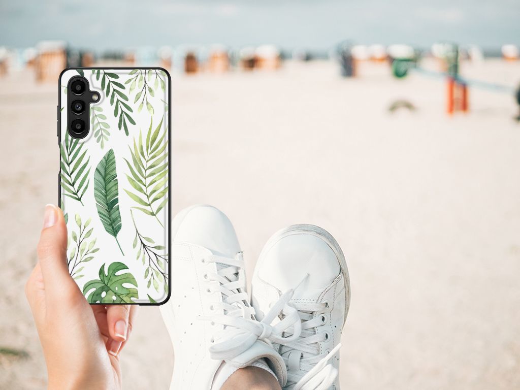 Samsung Galaxy A14 5G Bloemen Hoesje Leaves met groene bladerenprint op het strand