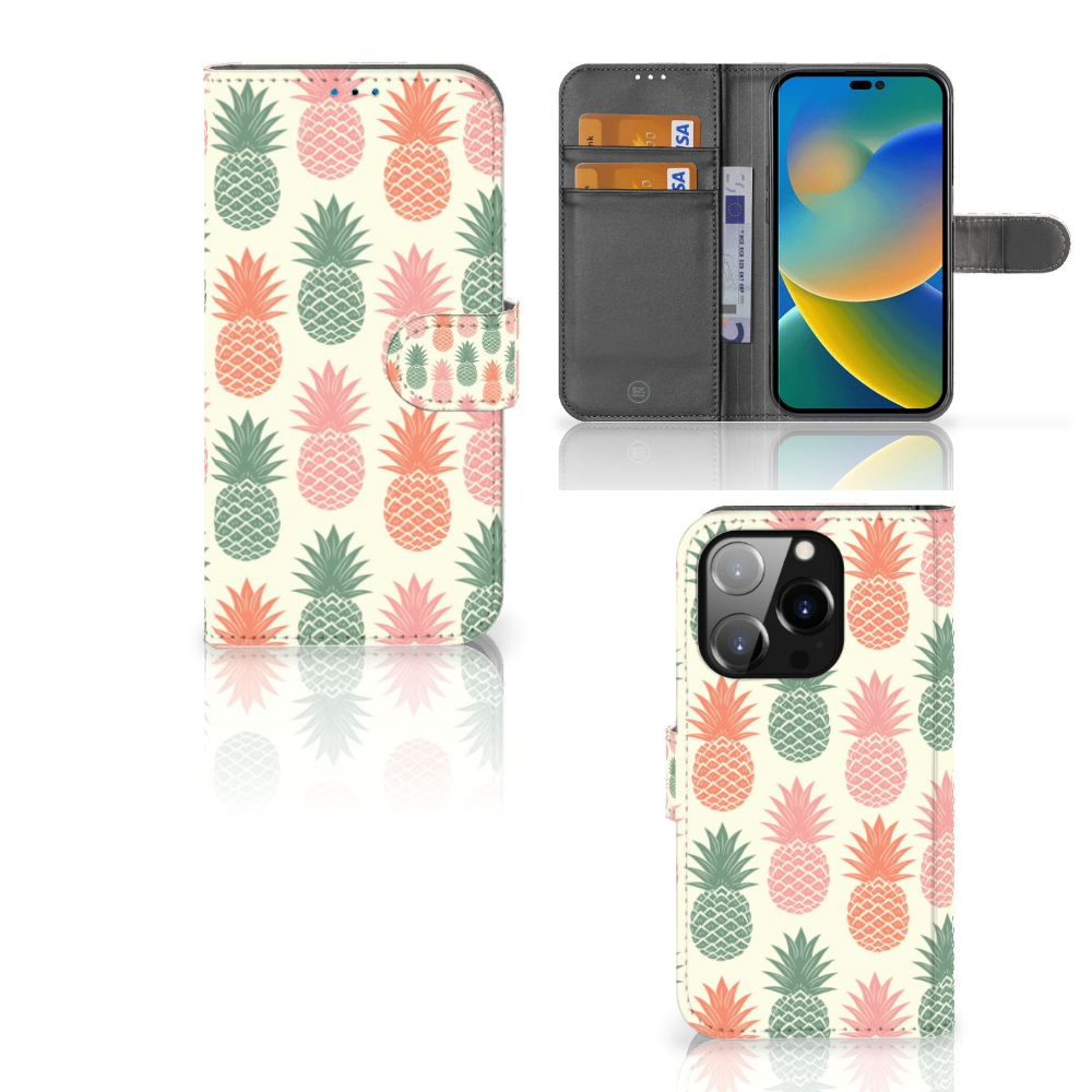 iPhone 14 Pro Book Cover Ananas met kleurrijke ananassen en ruimte voor pasjes đē