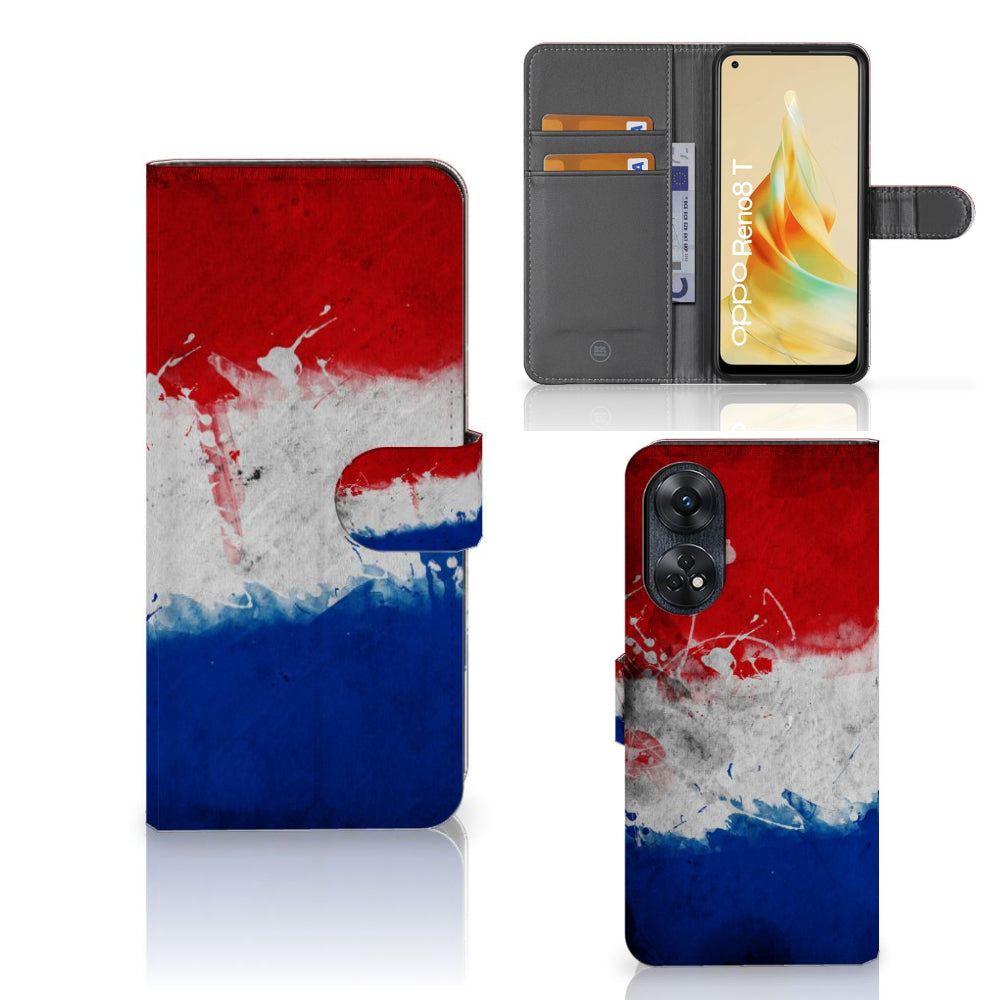 OPPO Reno8 T 4G Bookstyle Case Nederland met artistiek ontwerp van de Nederlandse vlag.