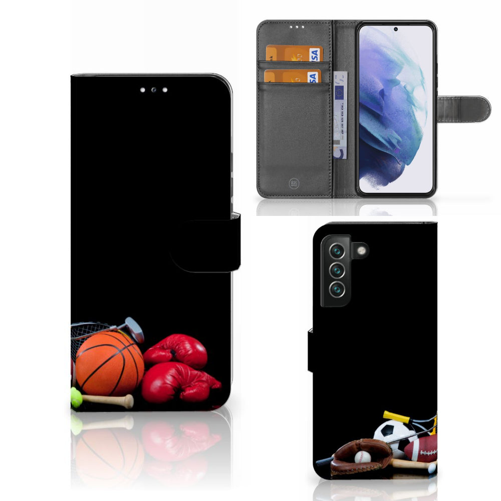 Samsung Galaxy S22 Plus Wallet Case met Pasjes Sports met afbeeldingen van sportuitrusting zoals basketbal en bokshandschoenen.