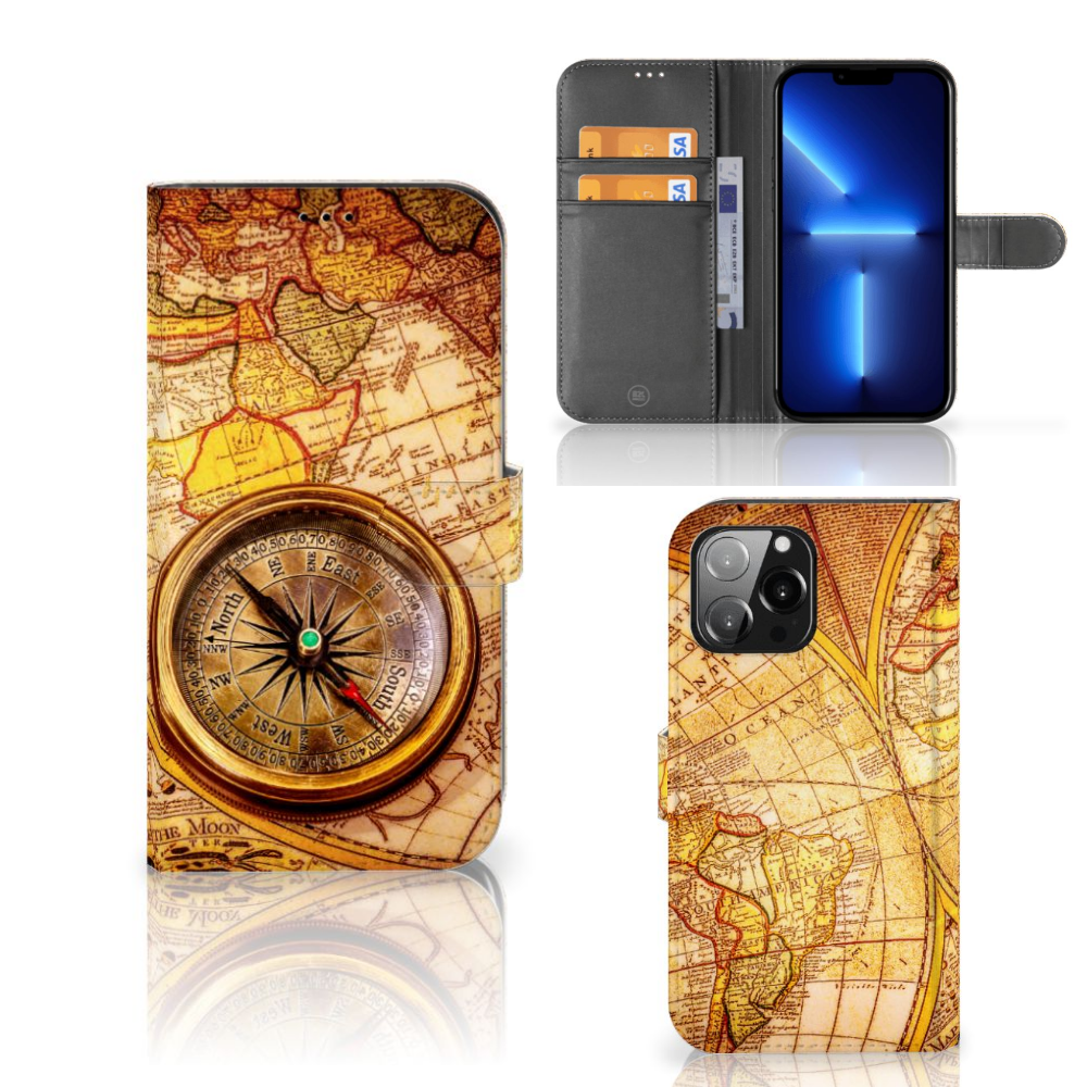 iPhone 13 Pro Max Flip Cover Kompas met mooie kaart en kompasontwerp