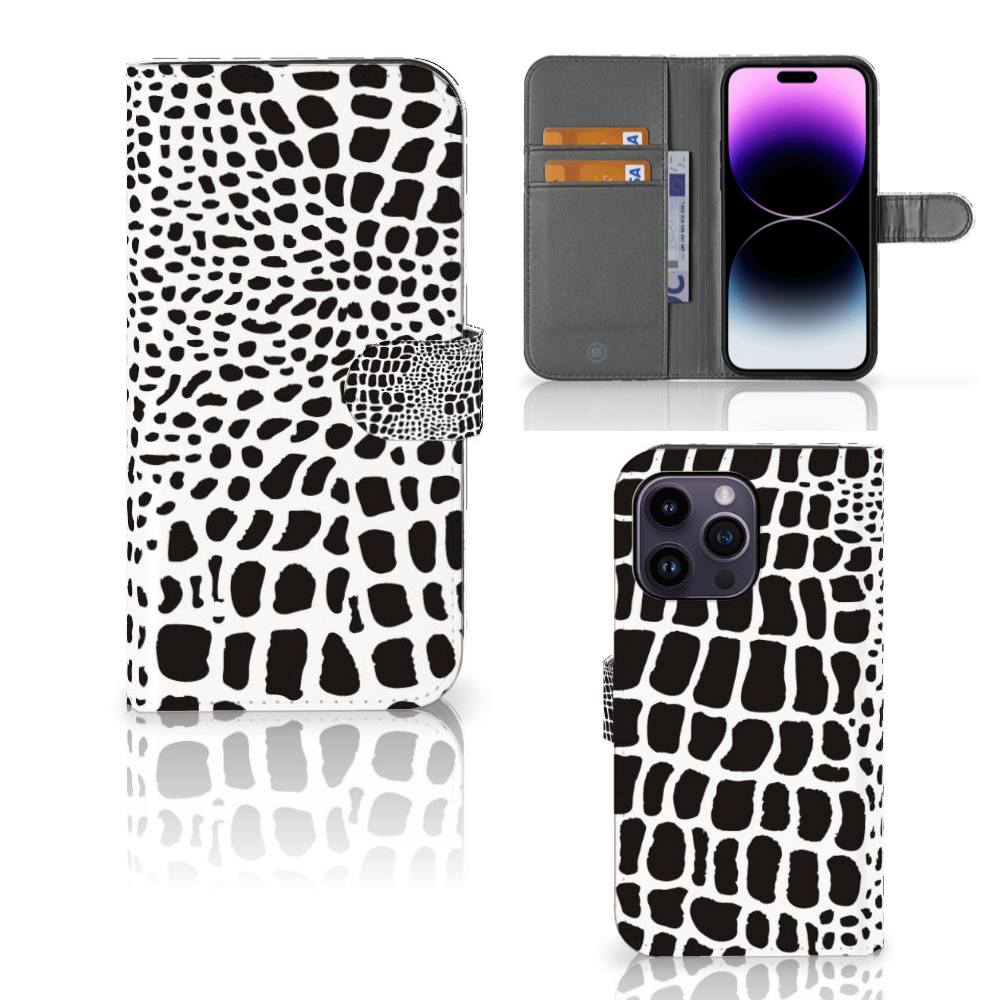 iPhone 15 Pro Max Telefoonhoesje met Pasjes Slangenprint in zwart-wit met magnetische sluiting.