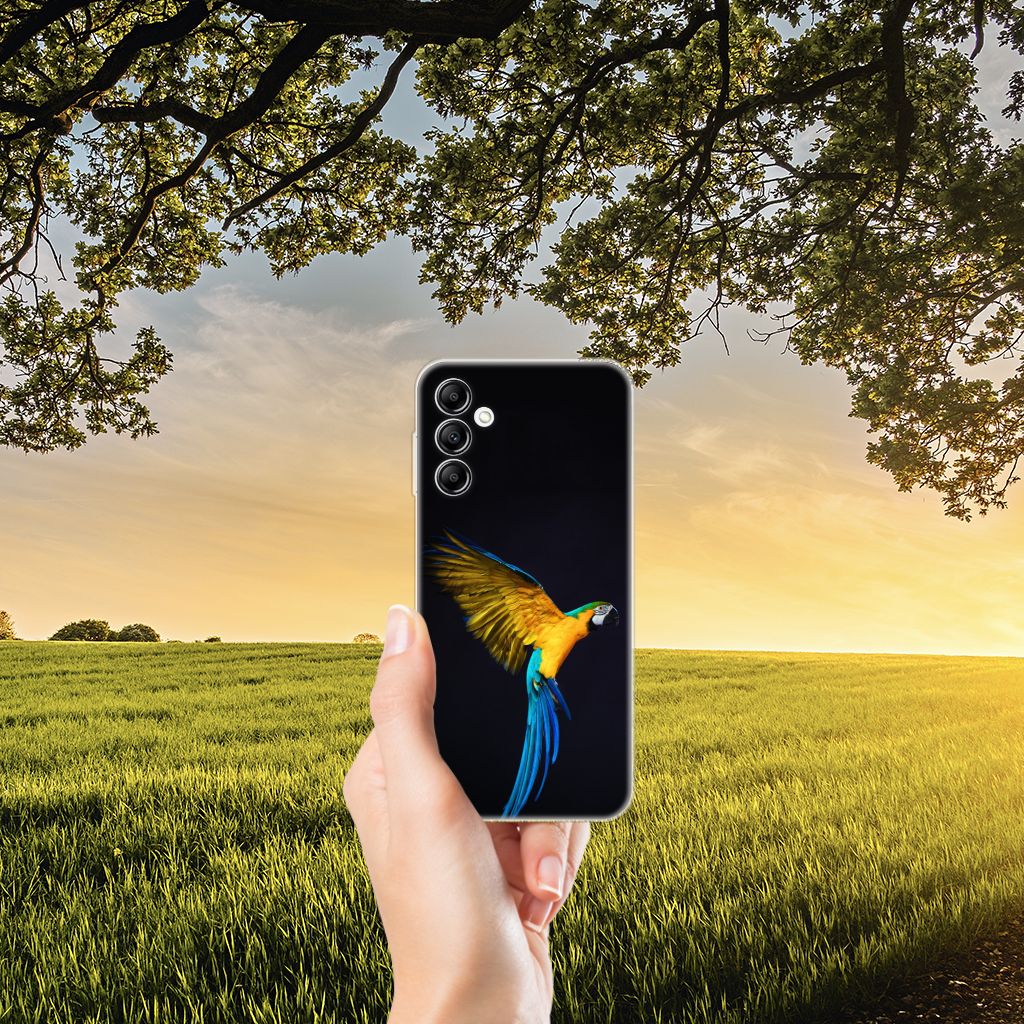 Samsung Galaxy A14 5G TPU Hoesje Papegaai met papegaai print tegen zwarte achtergrond