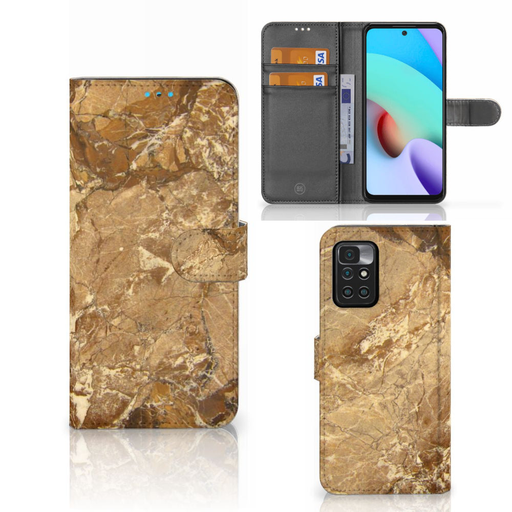 Xiaomi Redmi 10 Bookcase Marmer Creme met drie verschillende aanzichten, luxe design en ruimte voor pasjes.