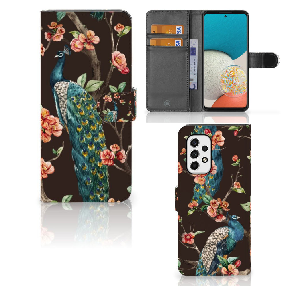 Samsung Galaxy A53 Telefoonhoesje met Pasjes Pauw met Bloemen