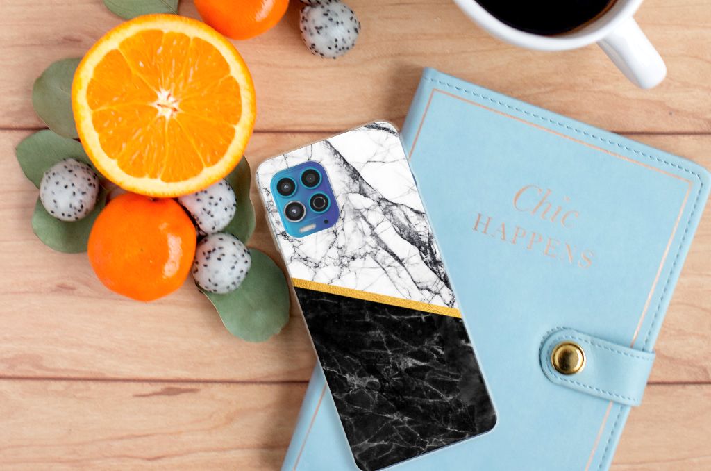 Motorola Moto G100 TPU Siliconen Hoesje Marmer Wit Zwart - Origineel Cadeau Man