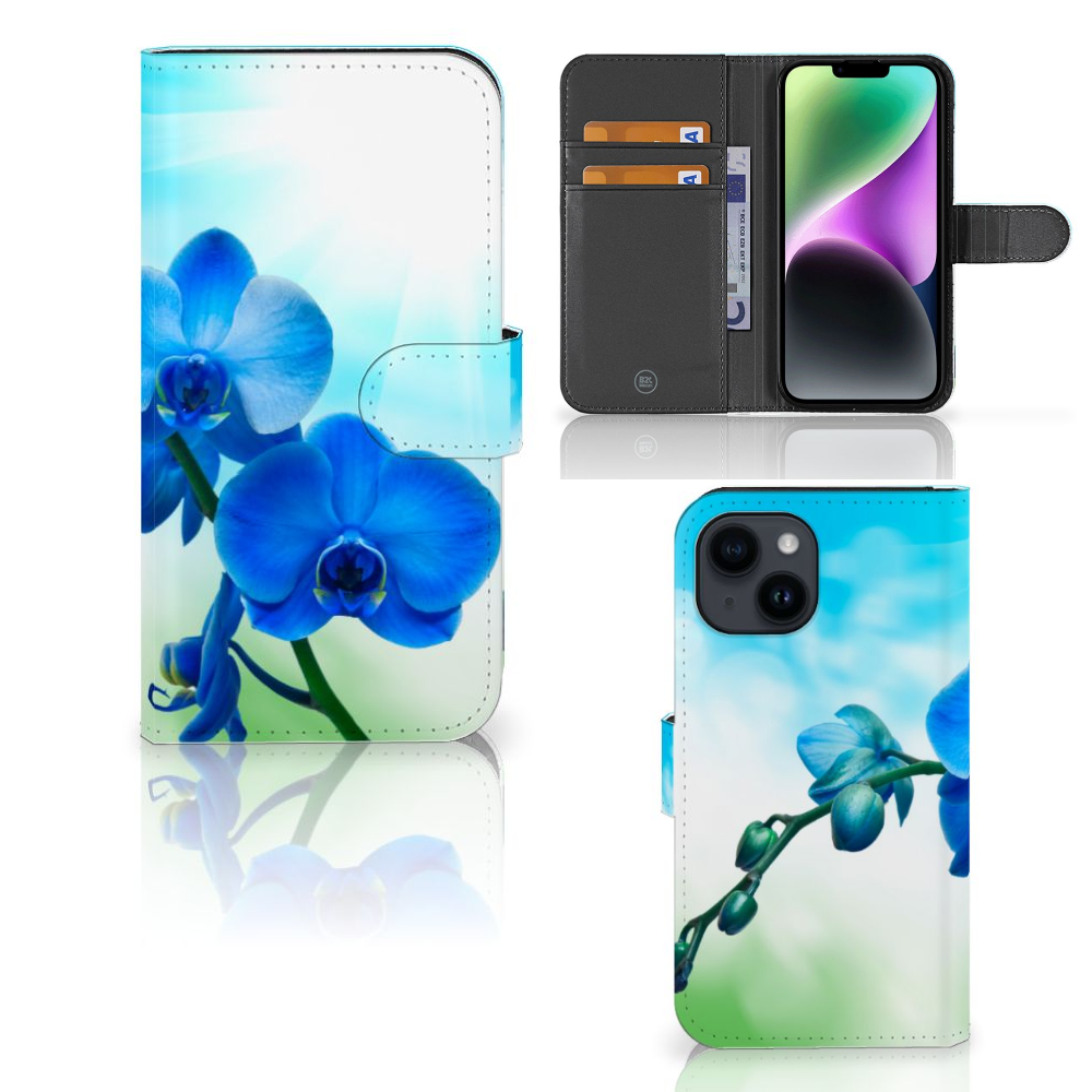 iPhone 15 Hoesje Orchidee Blauw - Cadeau voor je Moeder met elegante bloemetjesprint đ¸