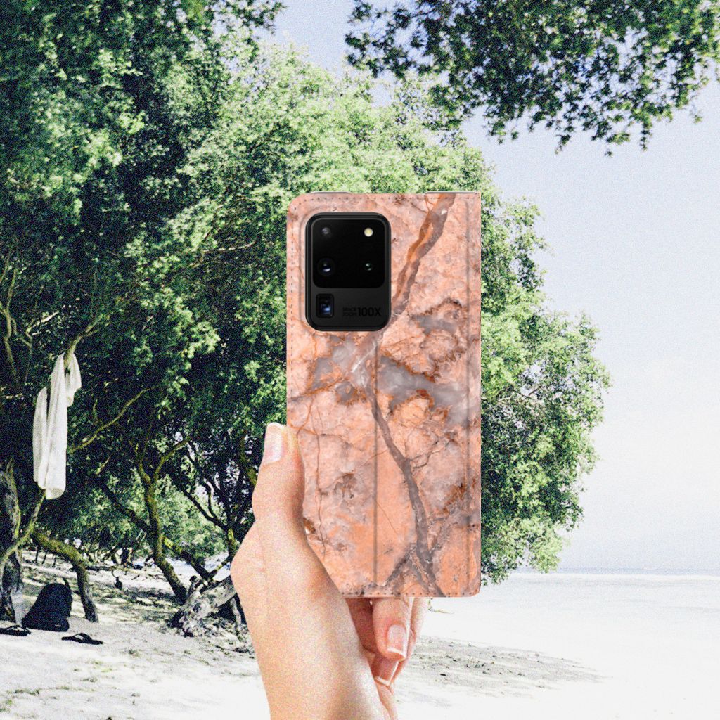 Samsung Galaxy S20 Ultra Standcase Marmer Oranje - B2C Telecom