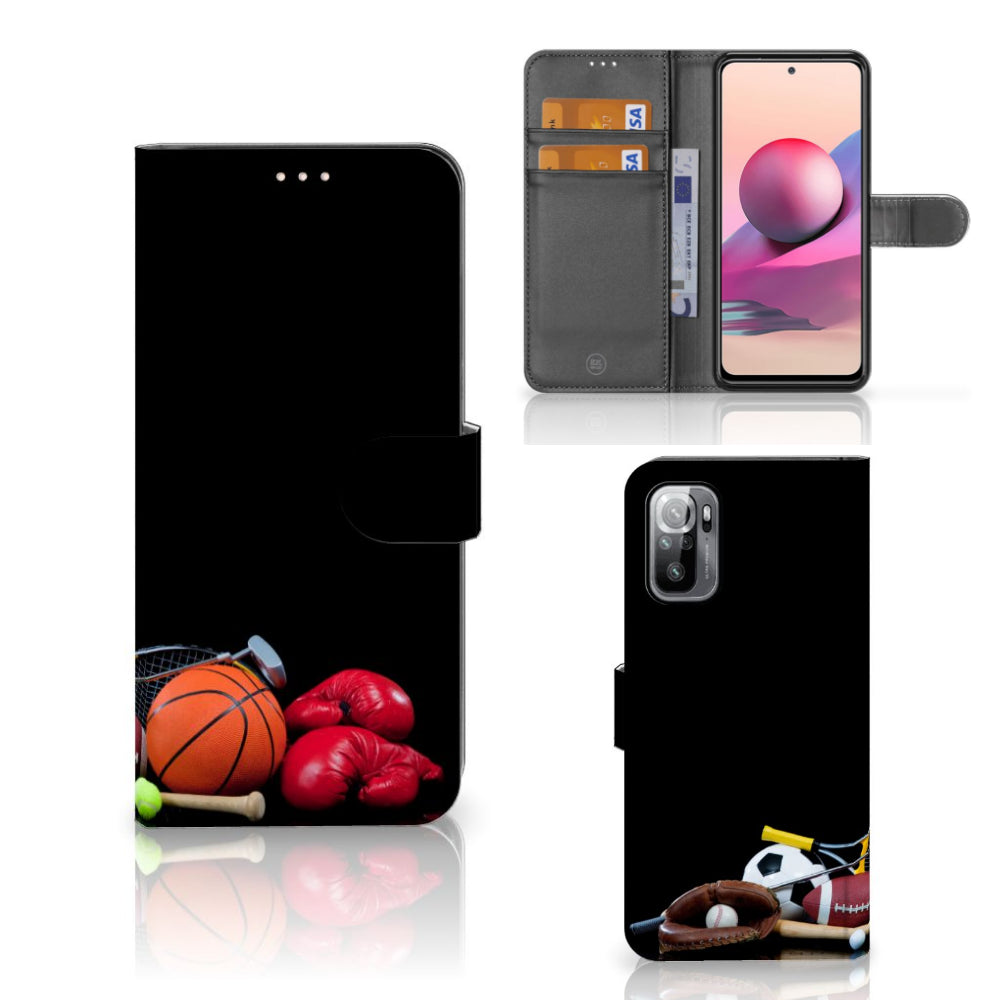 Xiaomi Redmi Note 10/10T 5G | Poco M3 Pro Wallet Case met Pasjes Sports with basketball, boxing gloves and various sports equipment.