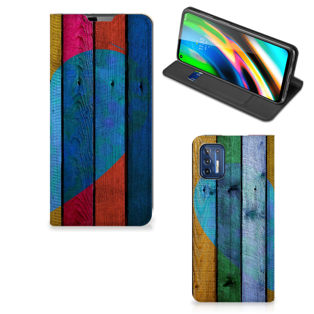 Motorola Moto G9 Plus Book Wallet Case Wood Heart - Cadeau voor je Vriend - B2C Telecom