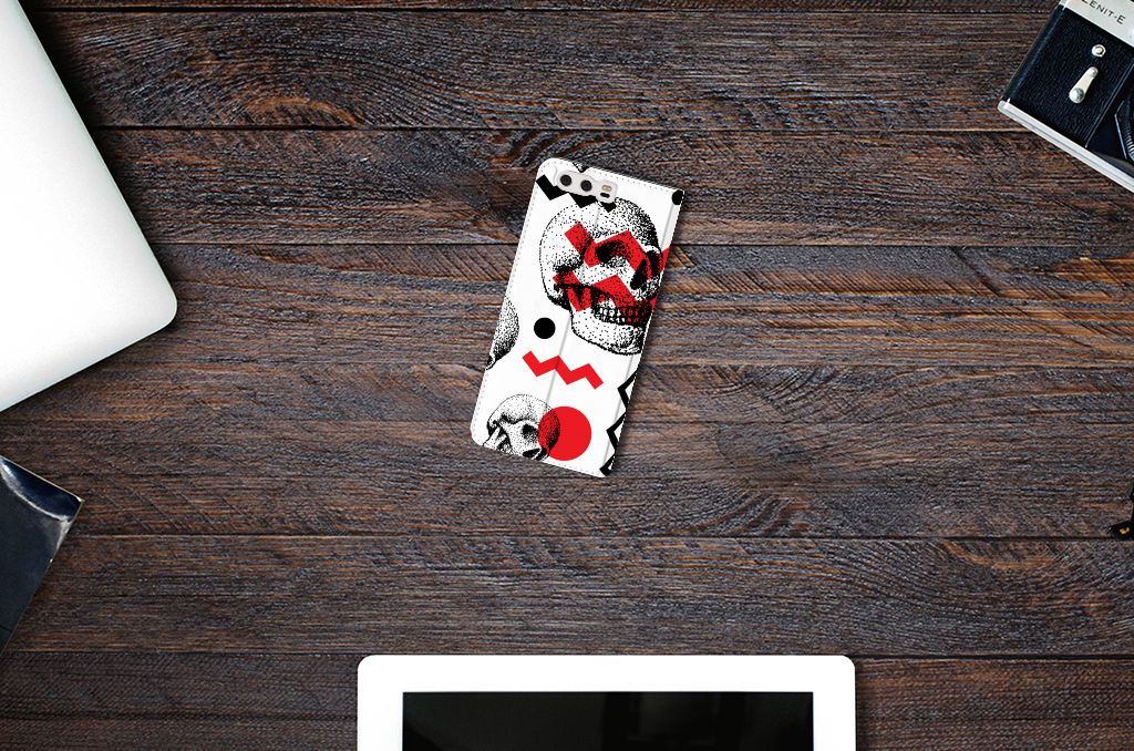 Mobiel BookCase Huawei P10 Plus Skull Red