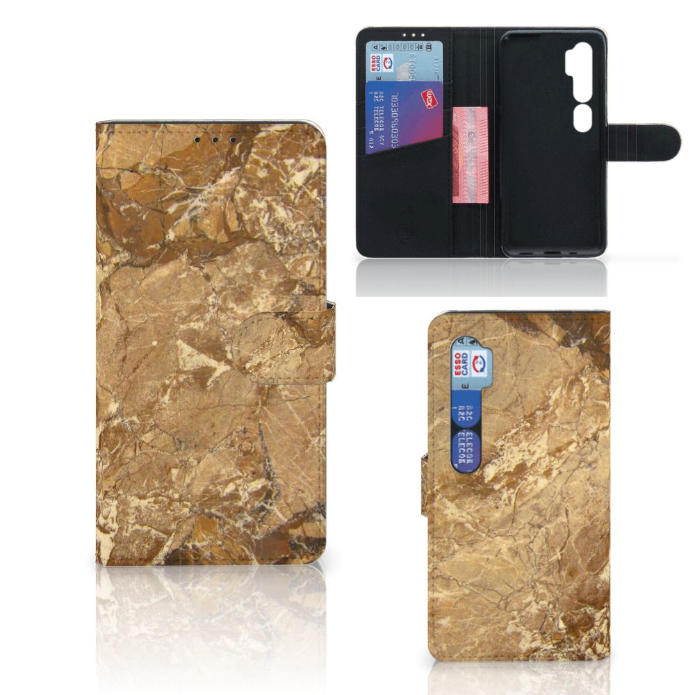 Xiaomi Mi Note 10 Pro Bookcase Marmer Creme met pasjes, luxe kunstleren hoesje met marmerdesign.
