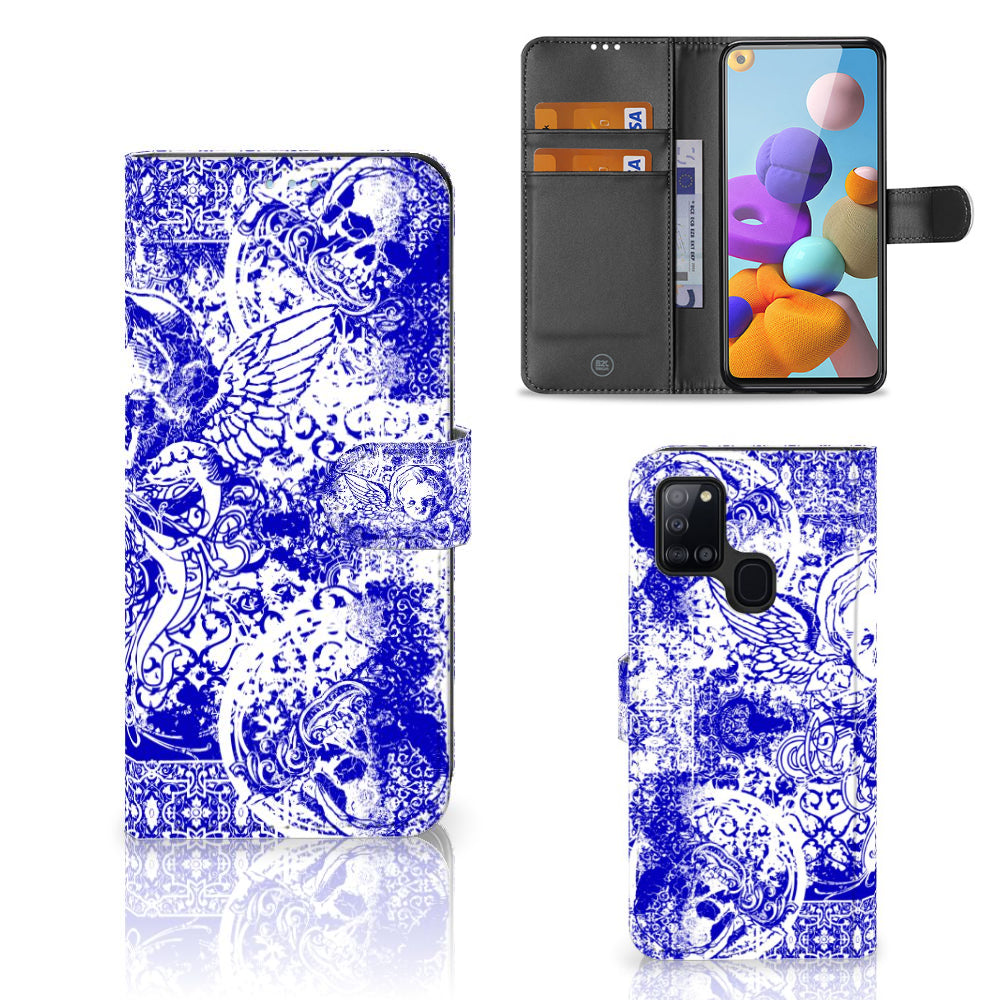 Telefoonhoesje met Naam Samsung Galaxy A21s Angel Skull Blauw