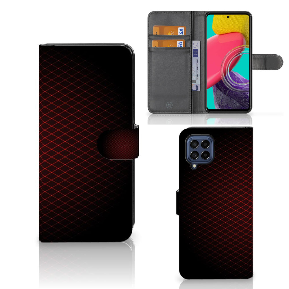 Samsung Galaxy M53 Telefoon Hoesje Geruit Rood met ruimte voor 3 pasjes en minimalistisch design.