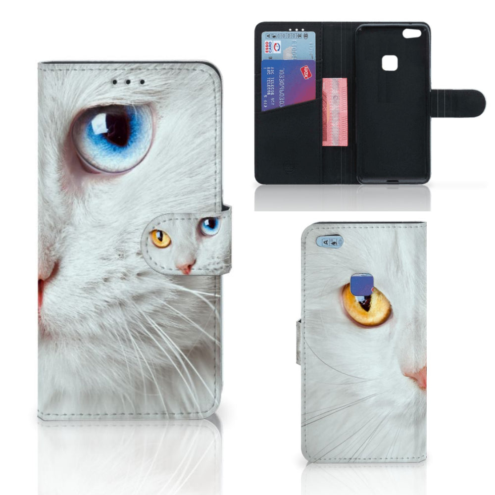 Huawei P10 Lite Telefoonhoesje met Pasjes Witte Kat
