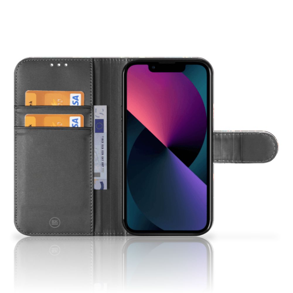 iPhone 13 Mini Telefoonhoesje met Pasjes Pauw met Bloemen telefoonhoesje pauw bloemen aanzicht