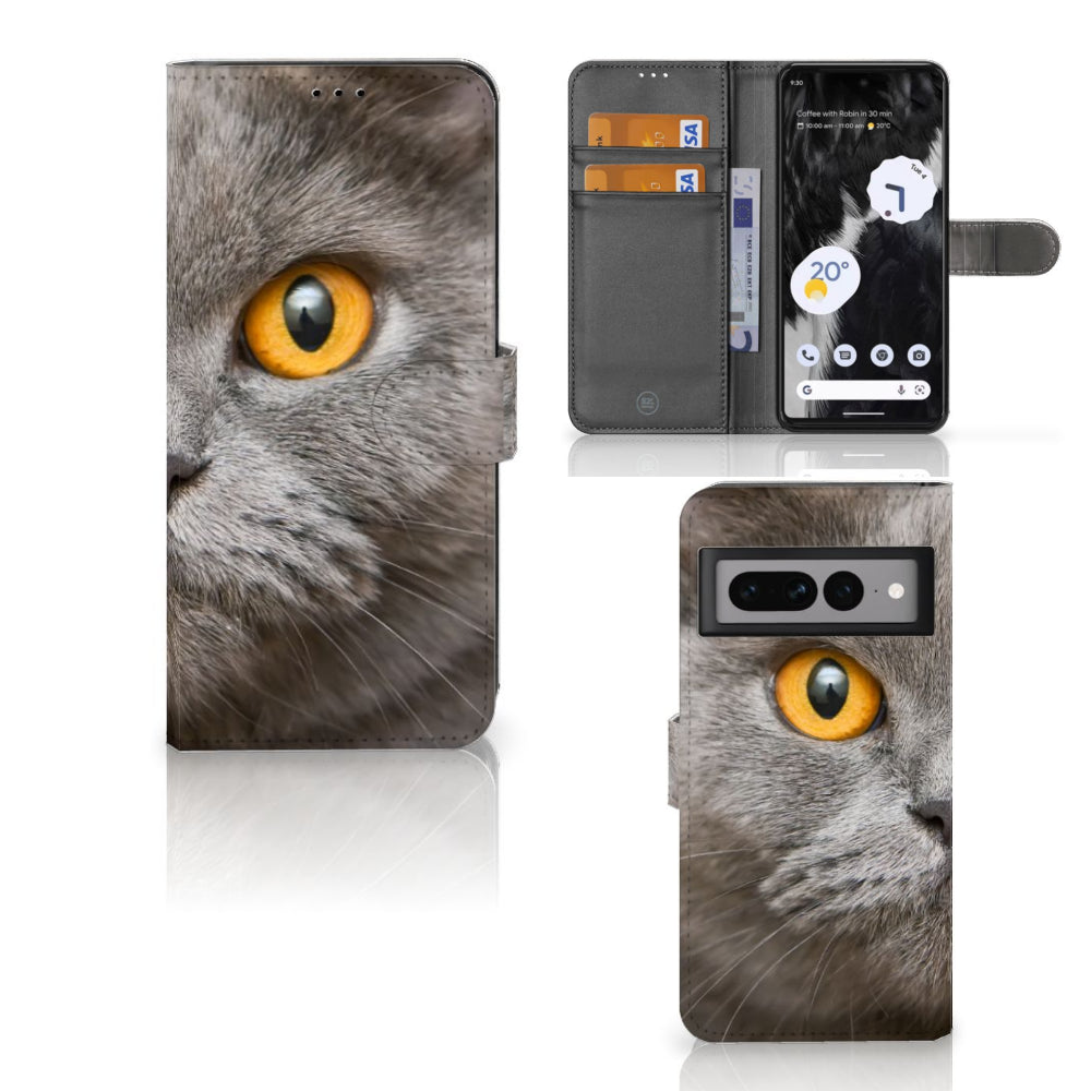 Telefoonhoesje met Pasjes Google Pixel 7 Pro Britse Korthaar met grijze kat en opvallende gele ogen