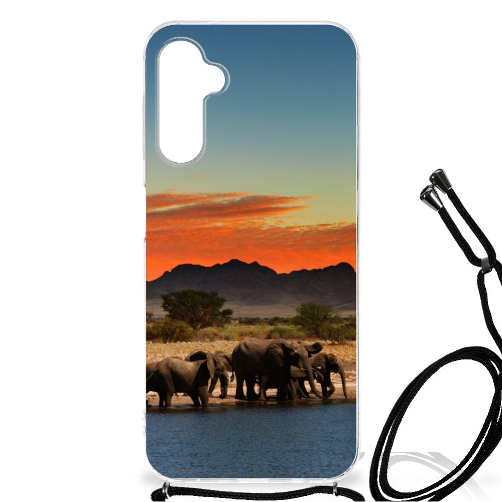 Samsung Galaxy A14 5G Case Anti-shock Olifanten with elephants and sunset design