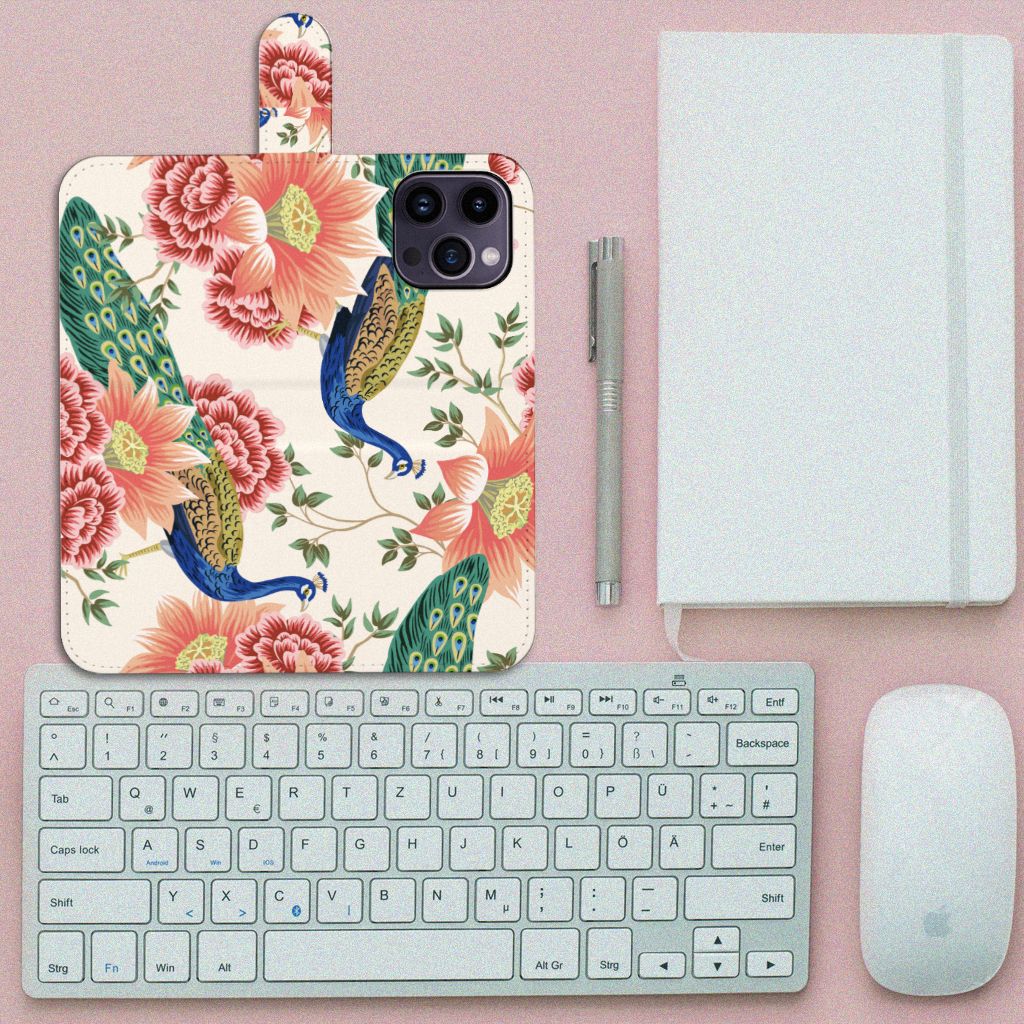 Telefoonhoesje met Pasjes voor iPhone 15 Pro Max Pink Peacock met kleurrijke pauwen en bloemen.