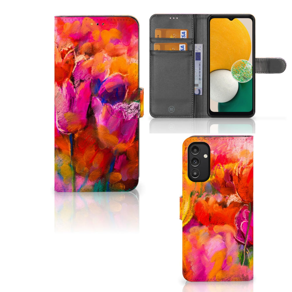 Hoesje Samsung Galaxy A14 5G Tulips met kleurrijk tulpenontwerp en ruimte voor 3 pasjes.