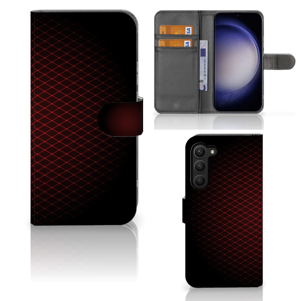 Samsung Galaxy S23 Plus Telefoon Hoesje Geruit Rood met ruimte voor 3 pasjes, minimalistisch design.