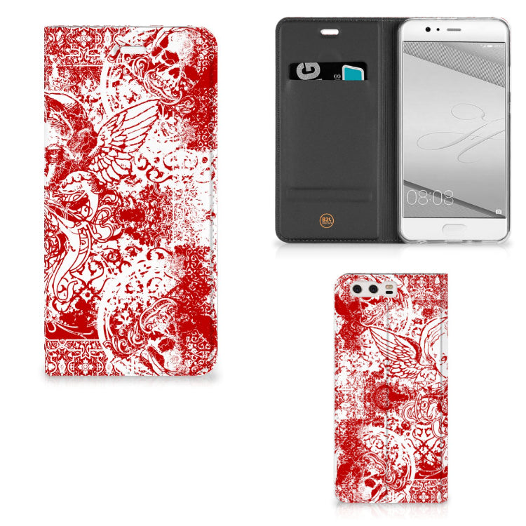 Mobiel BookCase Huawei P10 Plus Angel Skull Rood
