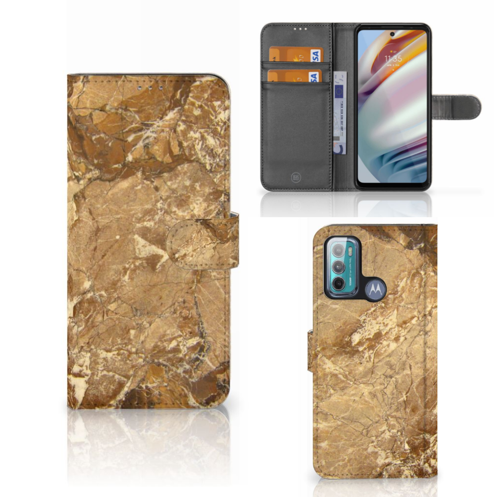 Motorola Moto G60 Bookcase Marmer Creme met pasjes in luxe marmer design.
