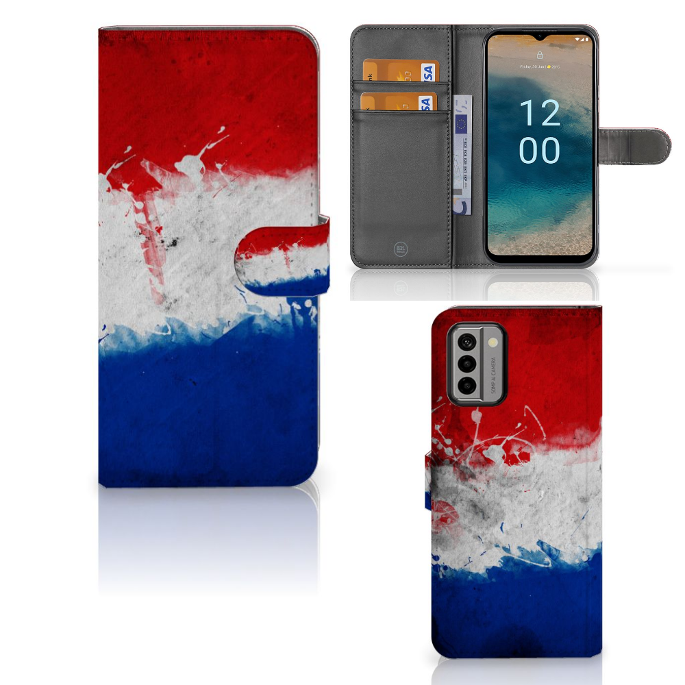 Nokia G22 Bookstyle Case Nederland met artistiek ontwerp van de Nederlandse vlag en ruimte voor pasjes.
