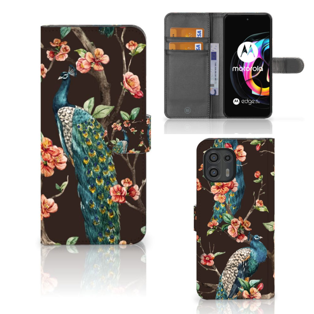 Motorola Edge 20 Lite Telefoonhoesje met Pasjes Pauw met Bloemen