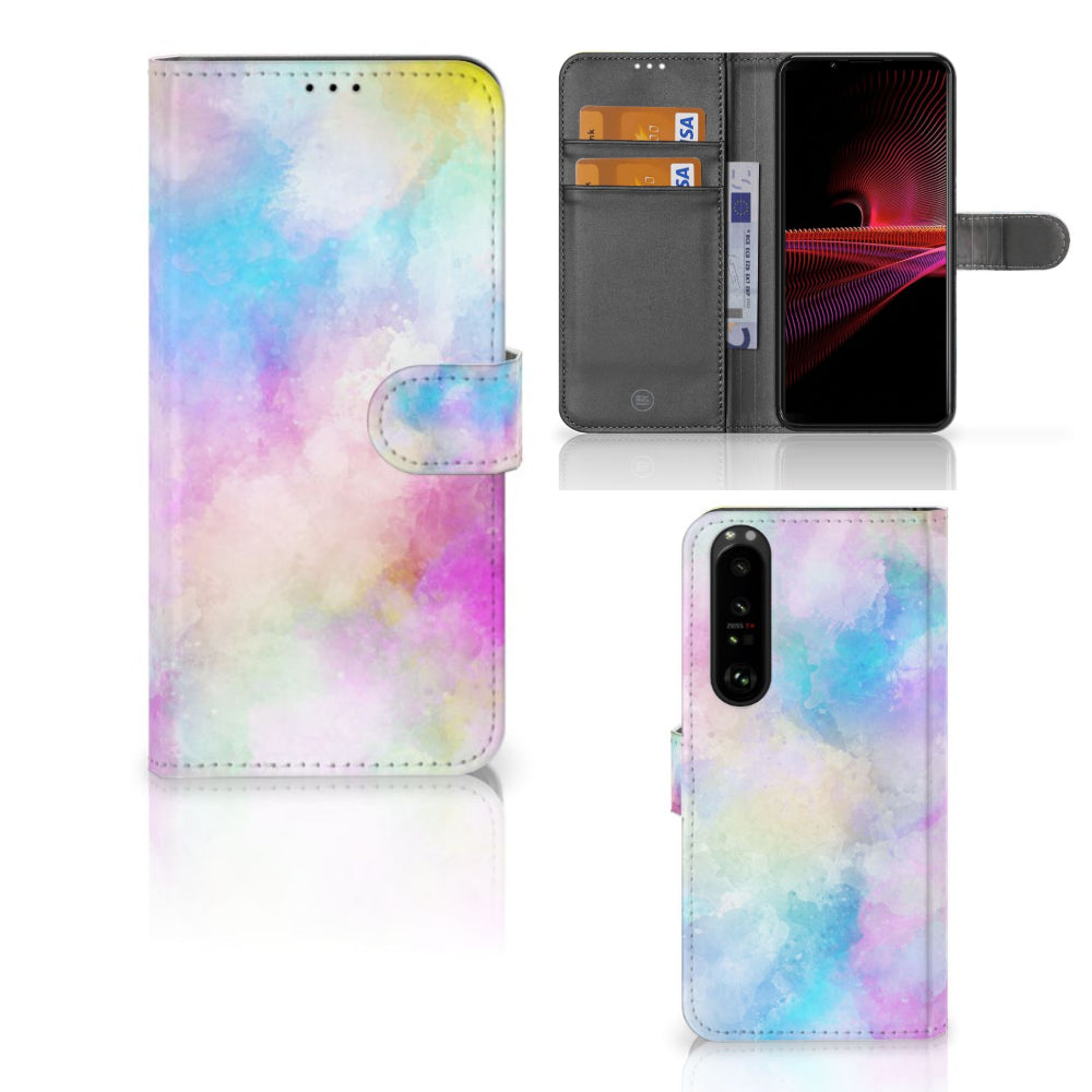 Hoesje Sony Xperia 1 III Watercolor Light met pasjeshouder en pastelkleuren, uniek en kleurrijk design.