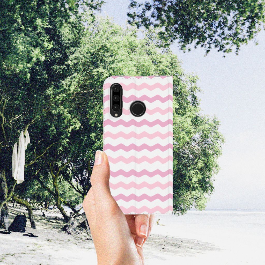 Huawei P30 Lite New Edition Hoesje met Magneet Waves Roze